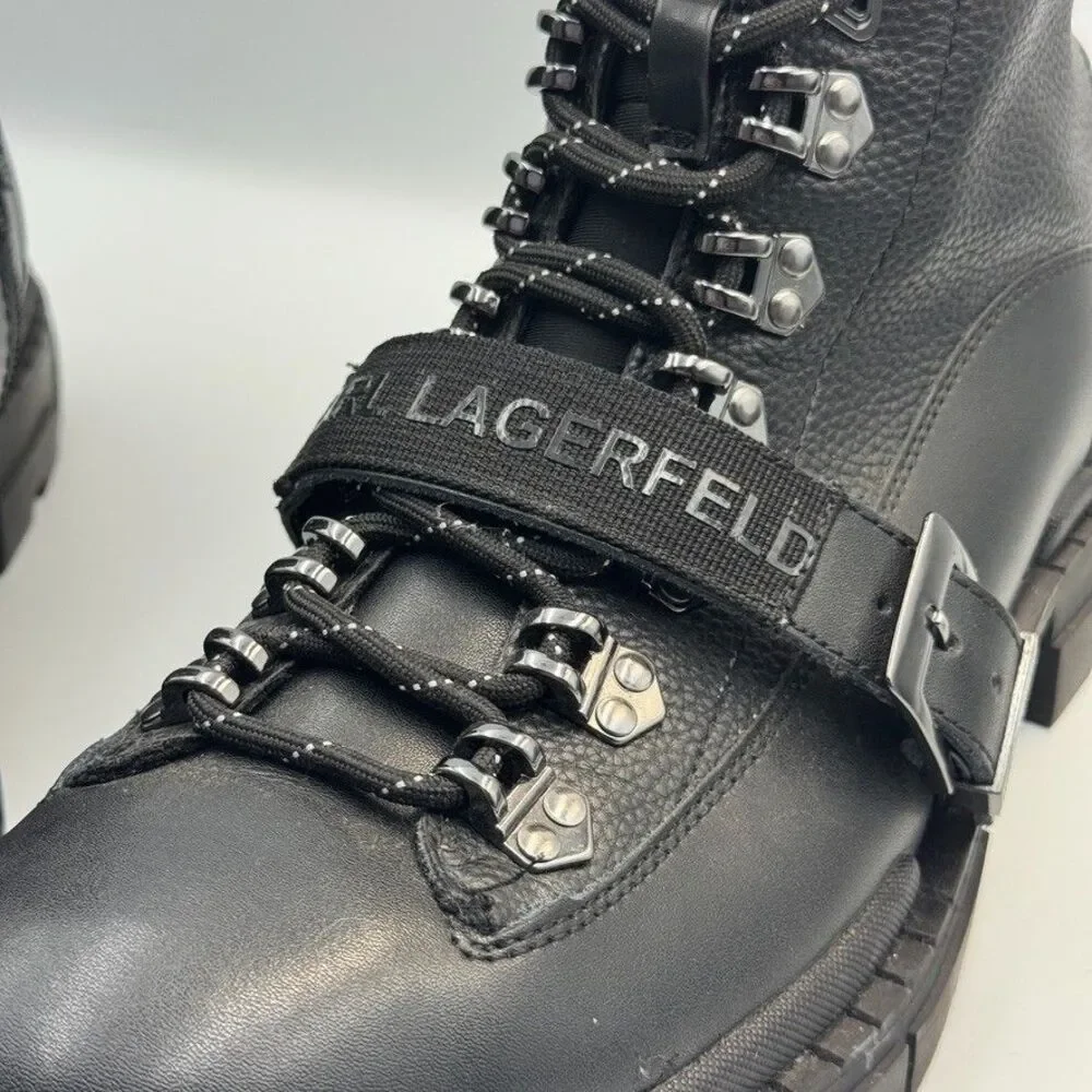 Karl Lagerfeld Paris Mens 13 Black Belted Leather Hiker Biker Boots NWOB